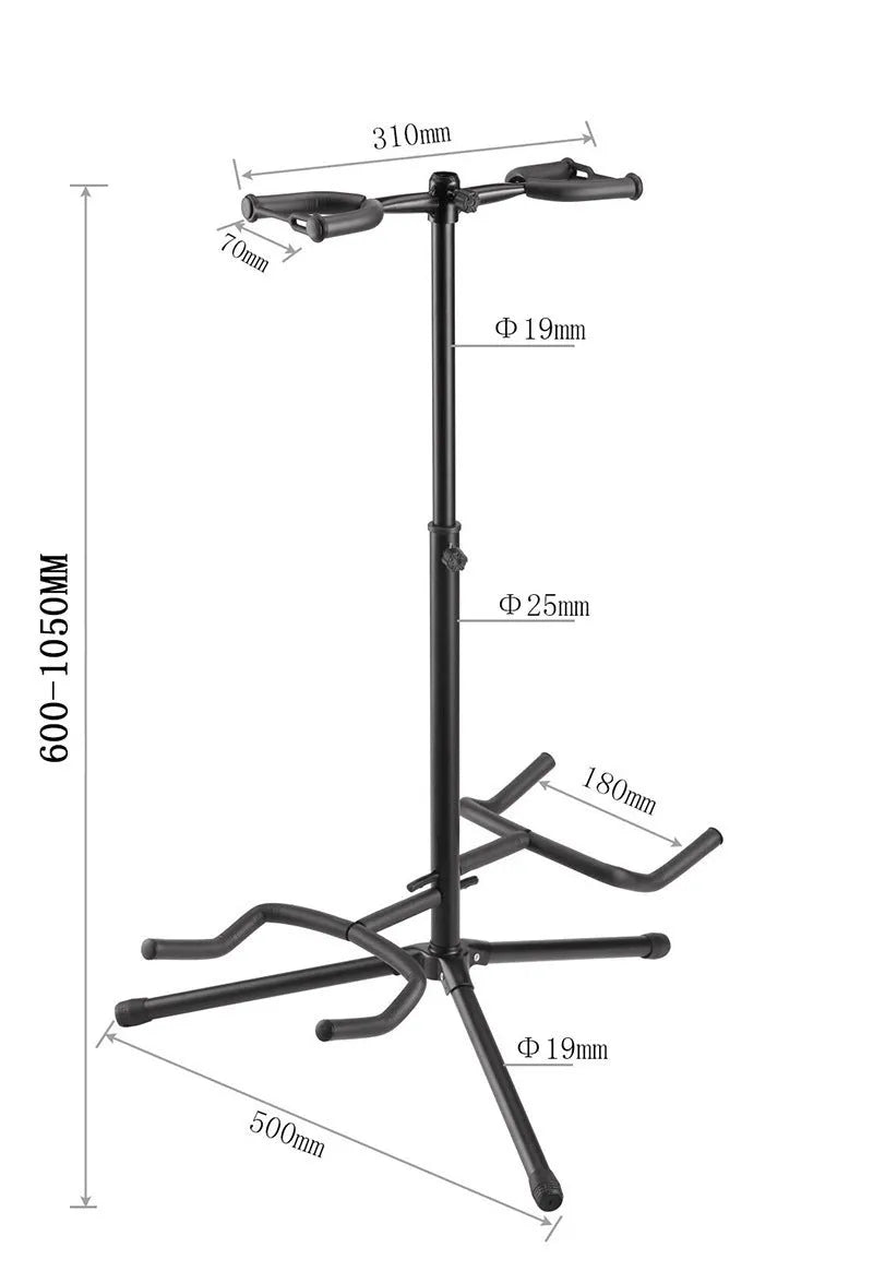 Black iron vertical double-headed guitar stand holding two guitars