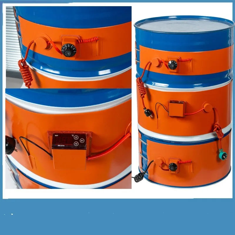 Silicone rubber heating belt wrapped around a 200-litre oil drum with digital control panel