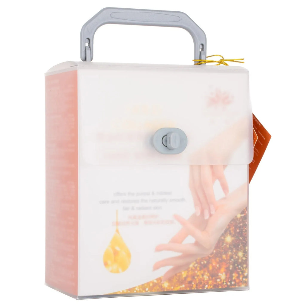 Gold Collagen Hand Care Set with six items including cleansing gel, scrub gel, massage cream, hand mask, hand cream and rose essential oil.
