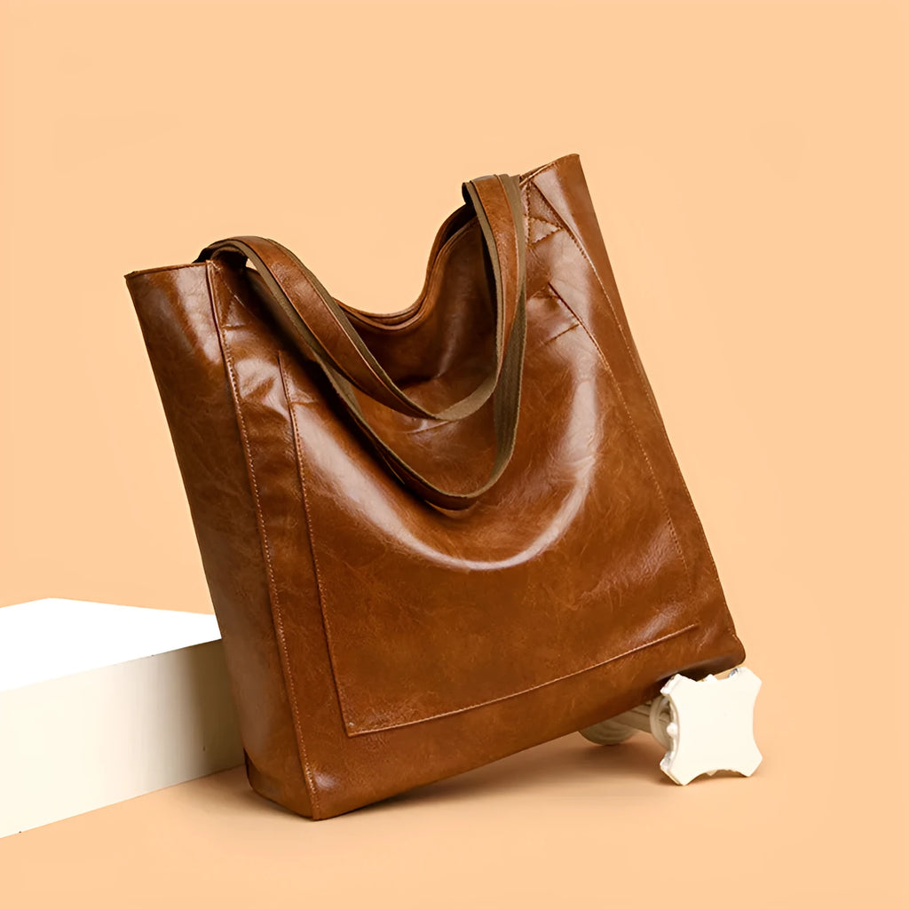 Retro oil wax PU women's shoulder bag in brown, horizontal square shape with sandwich pocket and sewing thread detailing