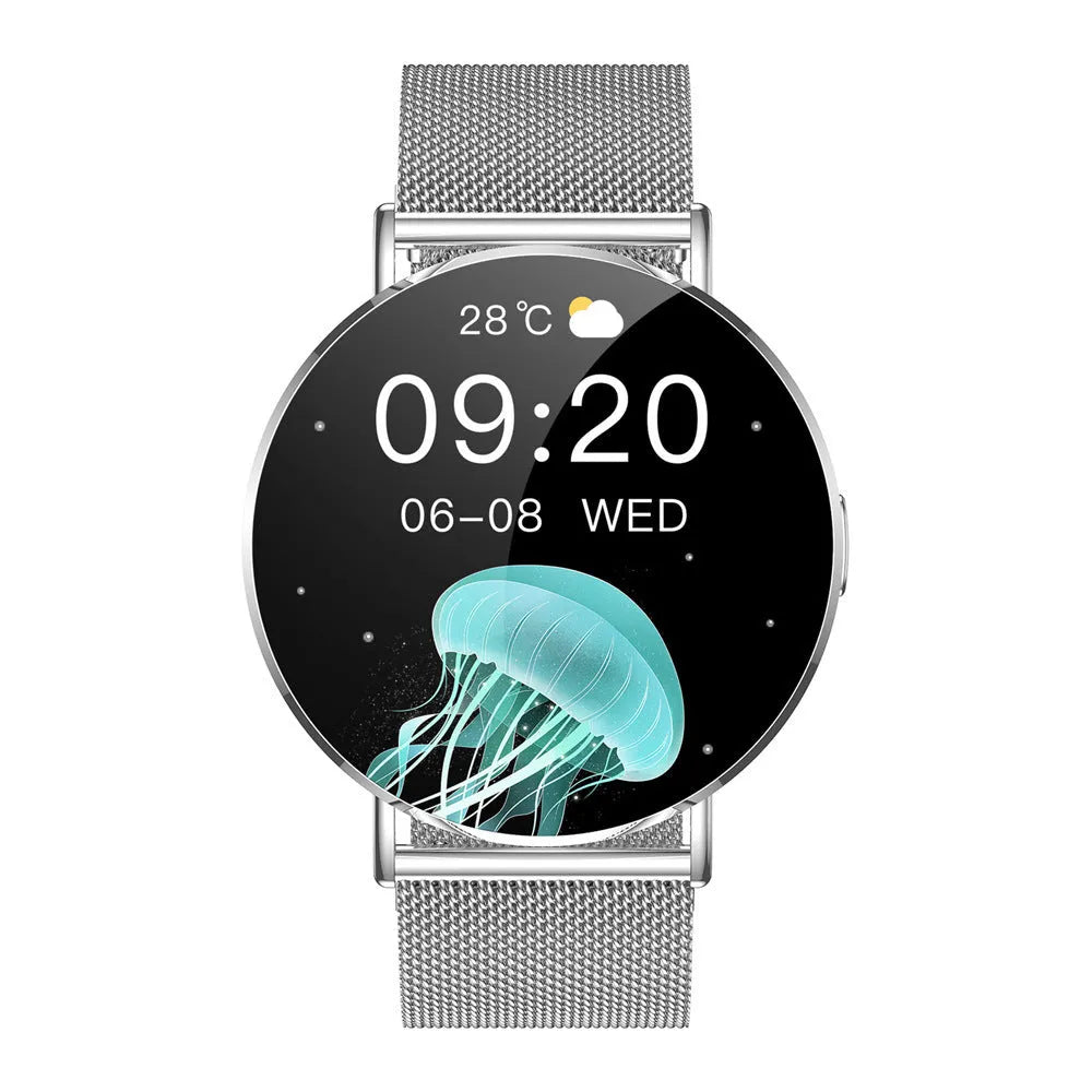 Ultra-thin aluminium alloy women's smart watch with AMOLED screen in gold steel colour showing health monitoring interface