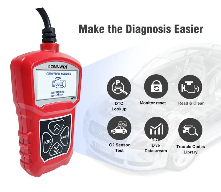 KW310 black car diagnostic scanner with OBD connector and LCD screen on white background