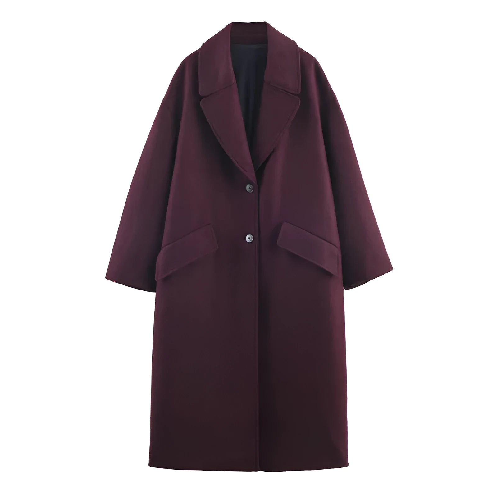 Women's loose slimming long overcoat in wine red colour with spandex stretch, front view