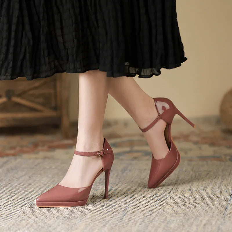 Women's pointed-toe high heels with 10.5cm stiletto heel, waterproof platform, leather upper, hollow design