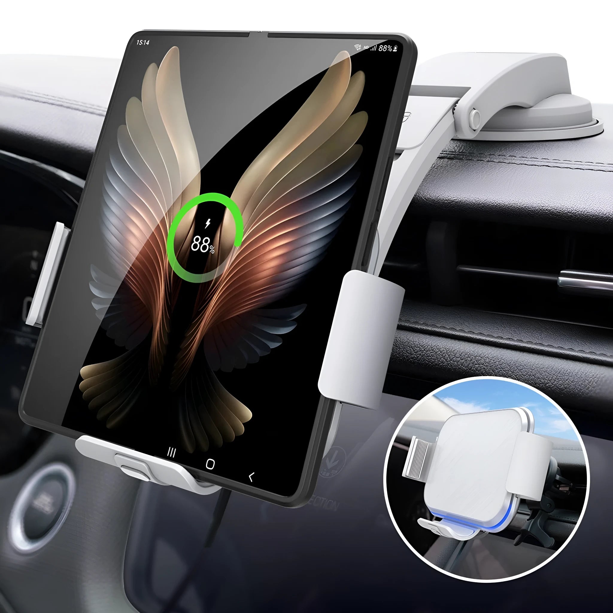 Grey on-board wireless charging bracket with folding phone holder, air conditioner clip, and suction cup mount