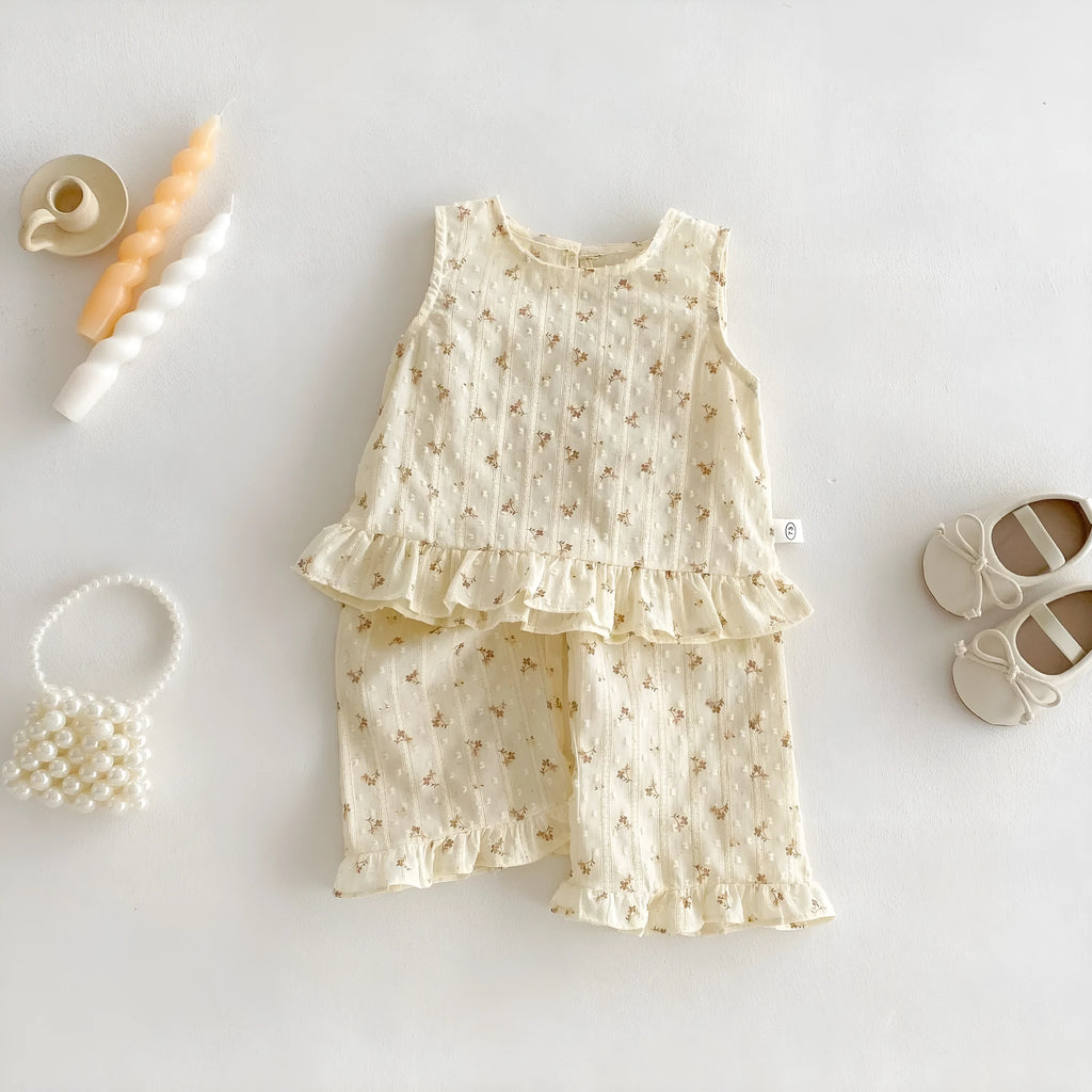 Children's cotton sleeveless top and casual trousers two-piece set in cream apricot colour