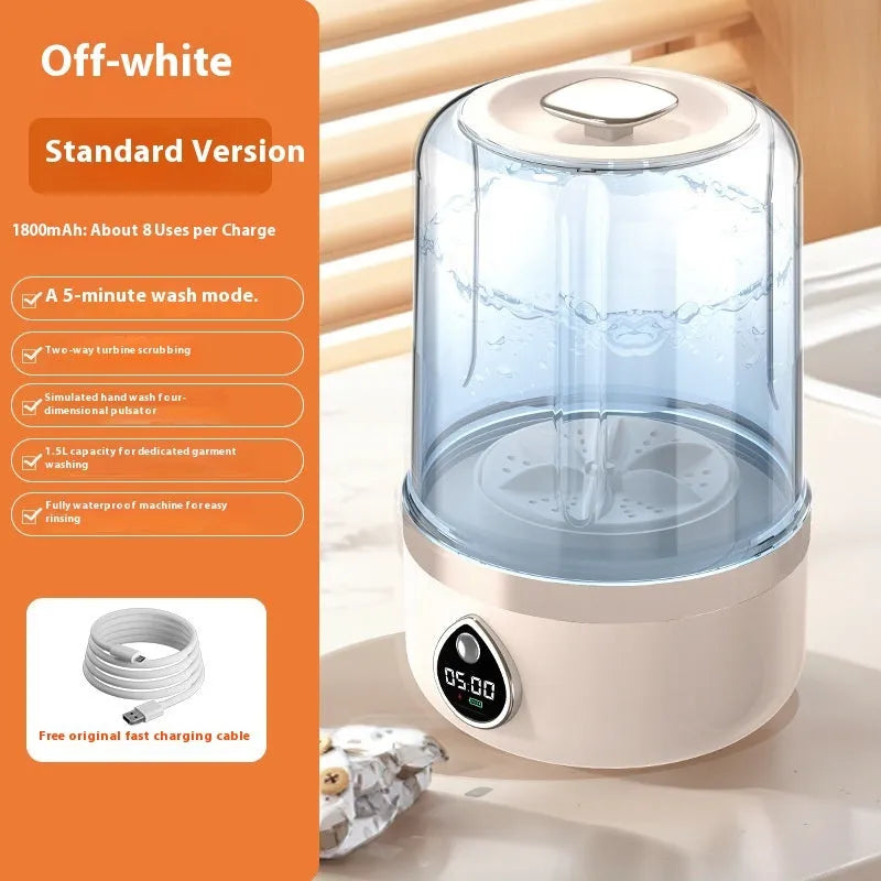 White portable mini washing machine with USB cable on a countertop.