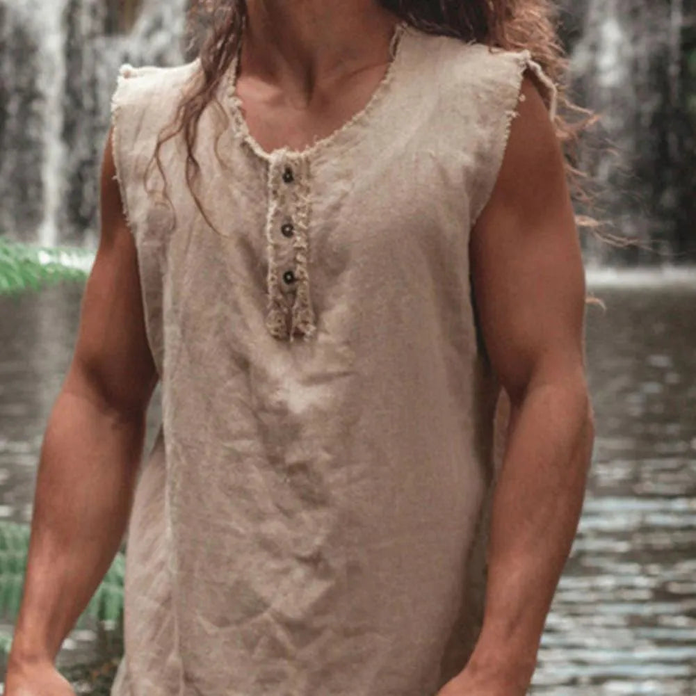 Men's solid colour linen loose fit casual vest with round hem, shown in neutral colour