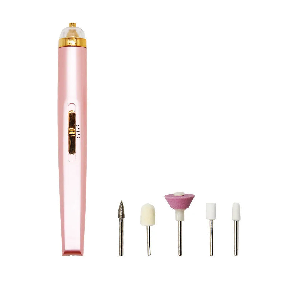 White cordless electric nail drill machine with LED light, five abrasive heads, and a USB charging cable on a pink background.
