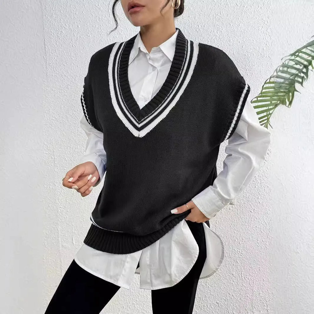 Women's loose-fit acrylic college-style pullover vest sweater in black, blue, or coffee.