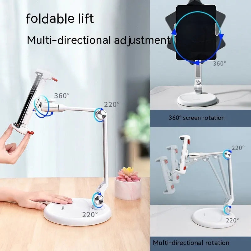 Foldable lifting bracket for mobile phone and tablet in White Extended on a desk