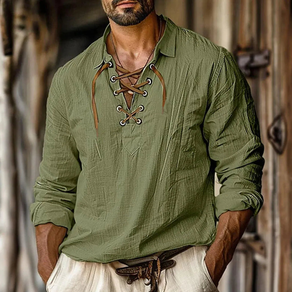 Men's loose blue linen-blend shirt with lapels and long sleeves on a hanger.