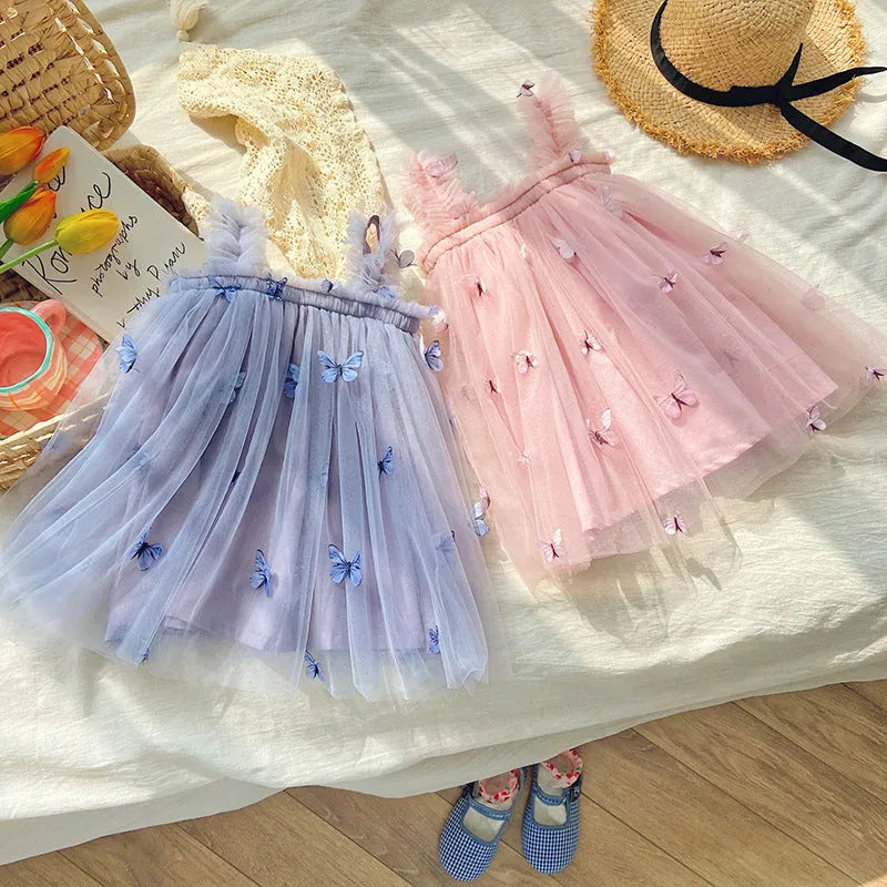 Butterfly embroidery mesh girls' braces skirt in nude pink, with cotton lining and sling straps