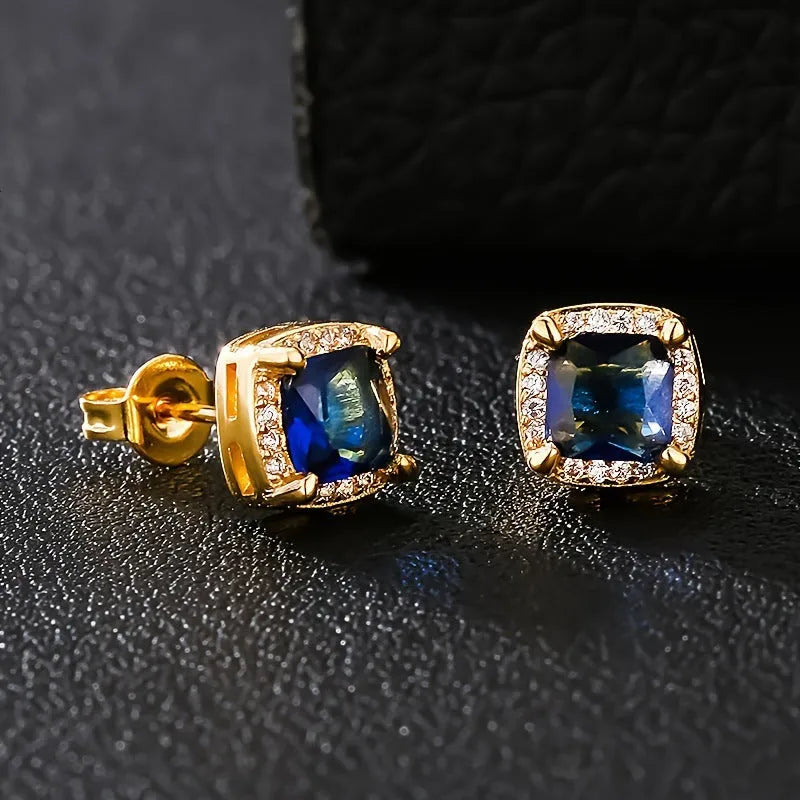Square retro gold-plated earrings in assorted colours including gold, silver, red, green, and blue
