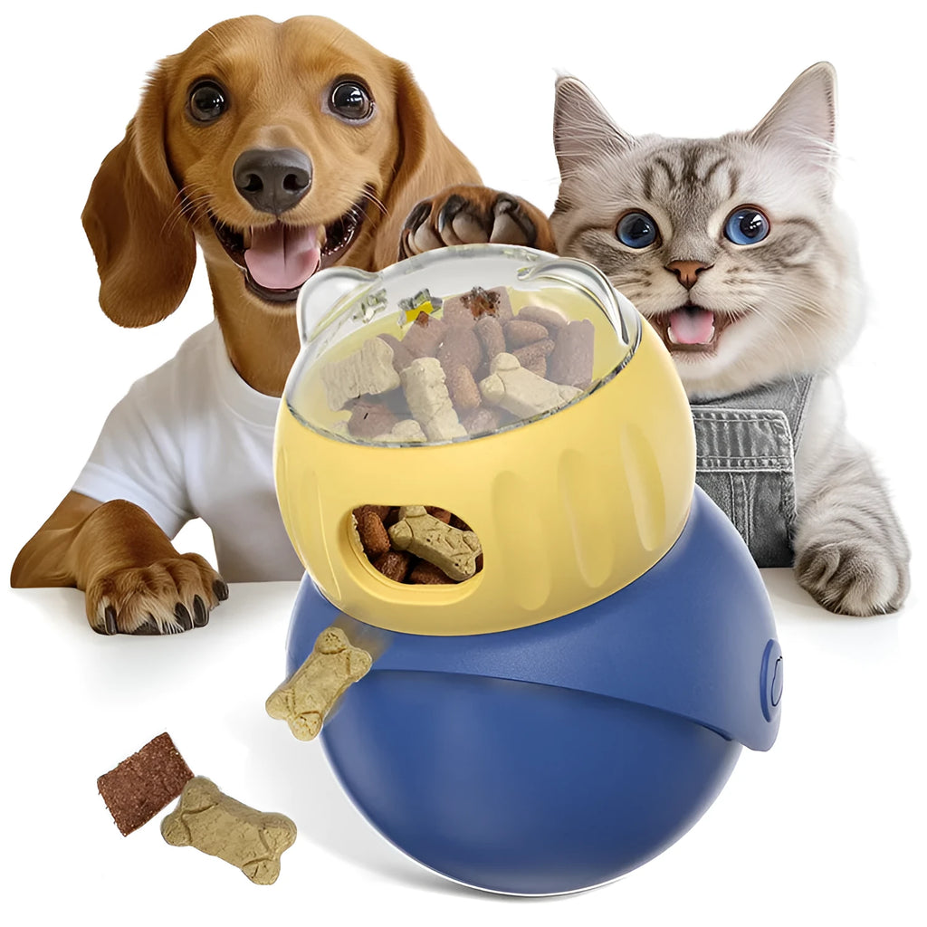 Morandi yellow and blue owl-shaped plastic tumbler cat toy with a snap-fit lid, on a wooden floor.