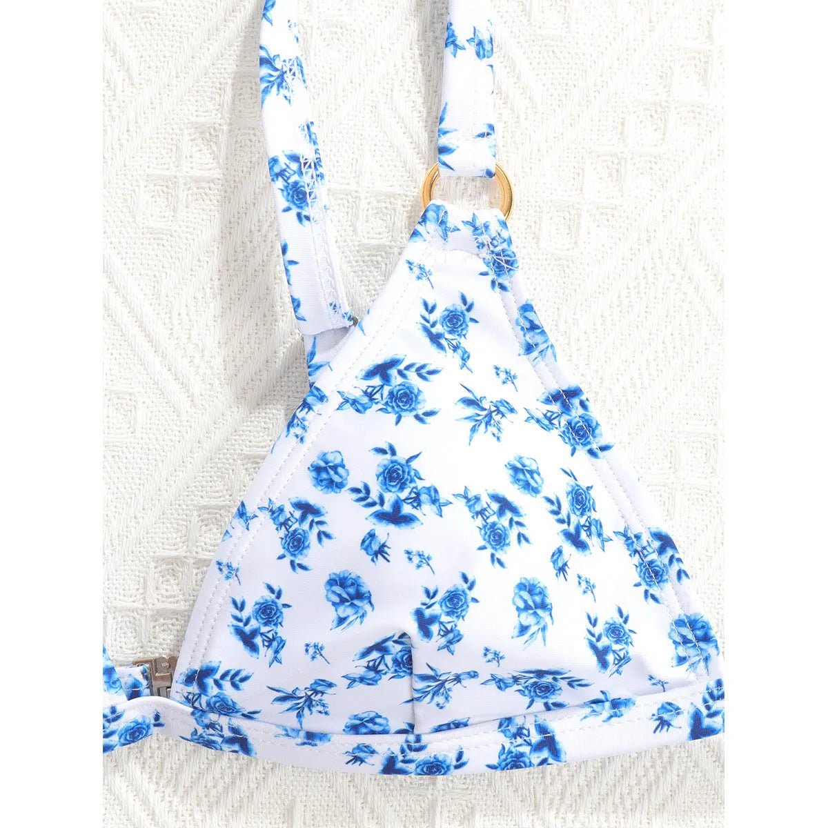 Women's split printed swimwear with chest pads and wireless cup in blue flower pattern