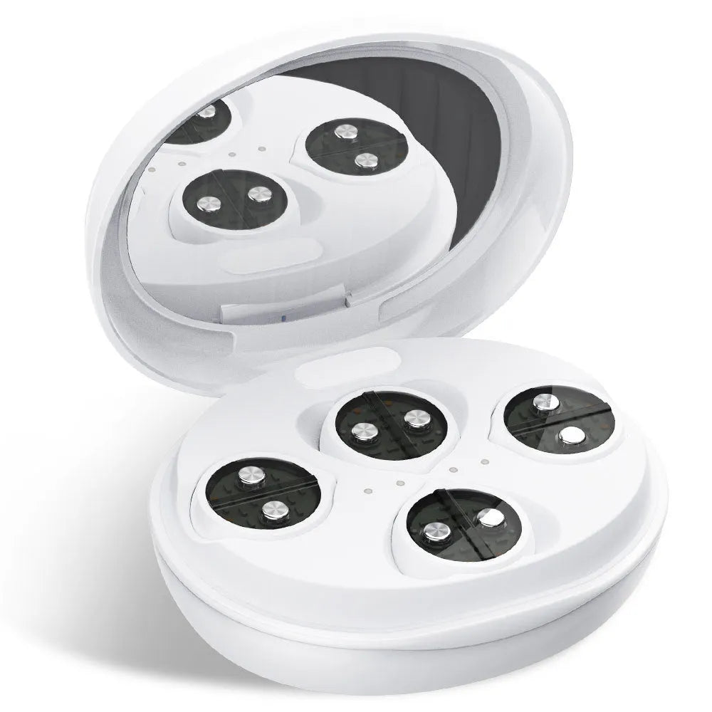 White wireless red light EMS eye and face massager device on a plain background.