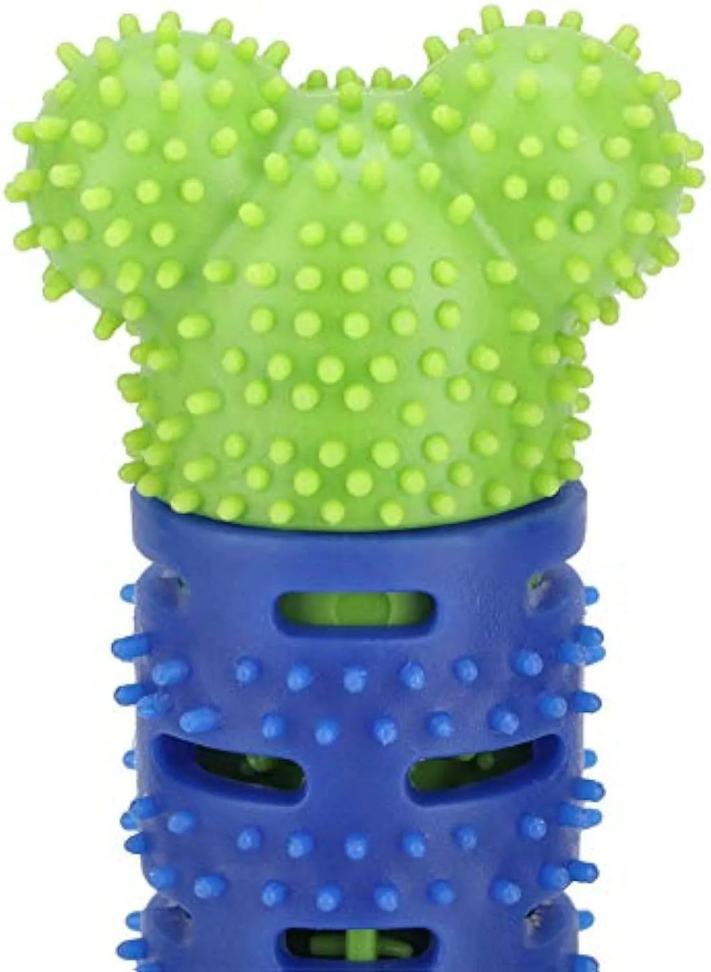 Blue green dog dental chew toy with silicone brush bristles and massage nodules, shown next to a tube of toothpaste.