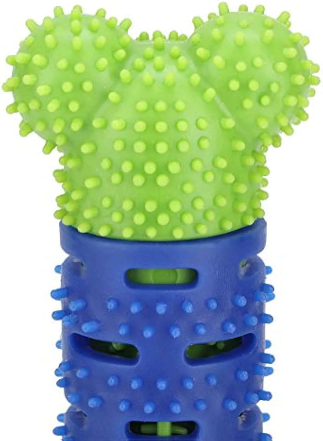 Blue green dog dental chew toy with silicone brush bristles and massage nodules, shown next to a tube of toothpaste.