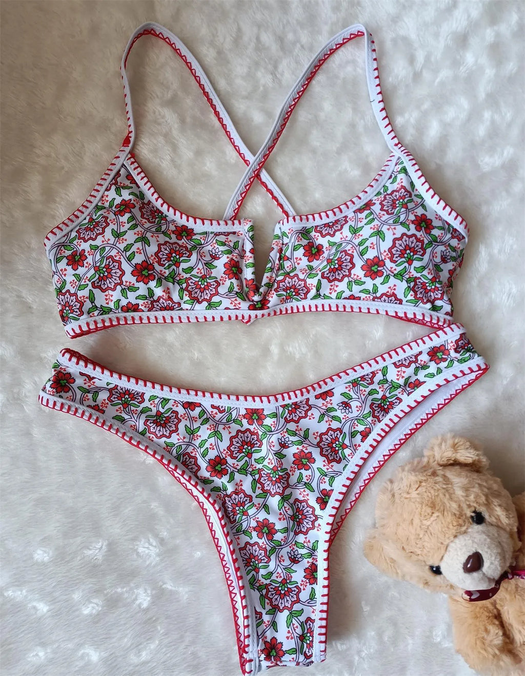 Women's floral print one-piece swimsuit with V-neck and embroidery detail
