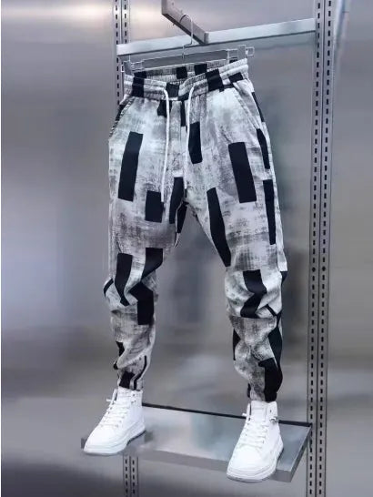Men's Ice Silk loose trousers in black with high waist drawstring and ankle strap straight leg for summer
