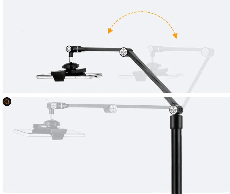 Black aluminium alloy mobile phone tablet stand with built-in fill light for vertical floor shooting