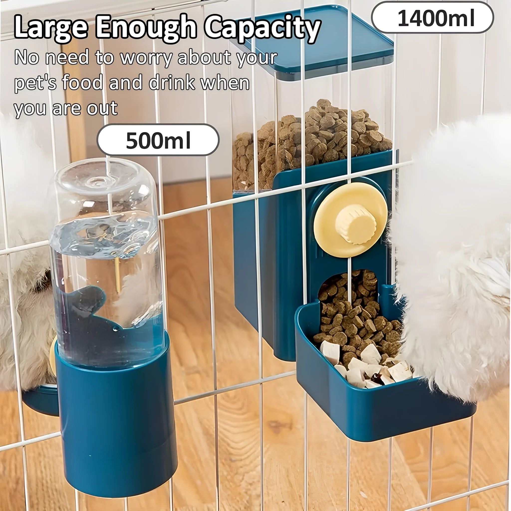 Transparent hanging automatic pet feeder with food and water compartments for small animal cages