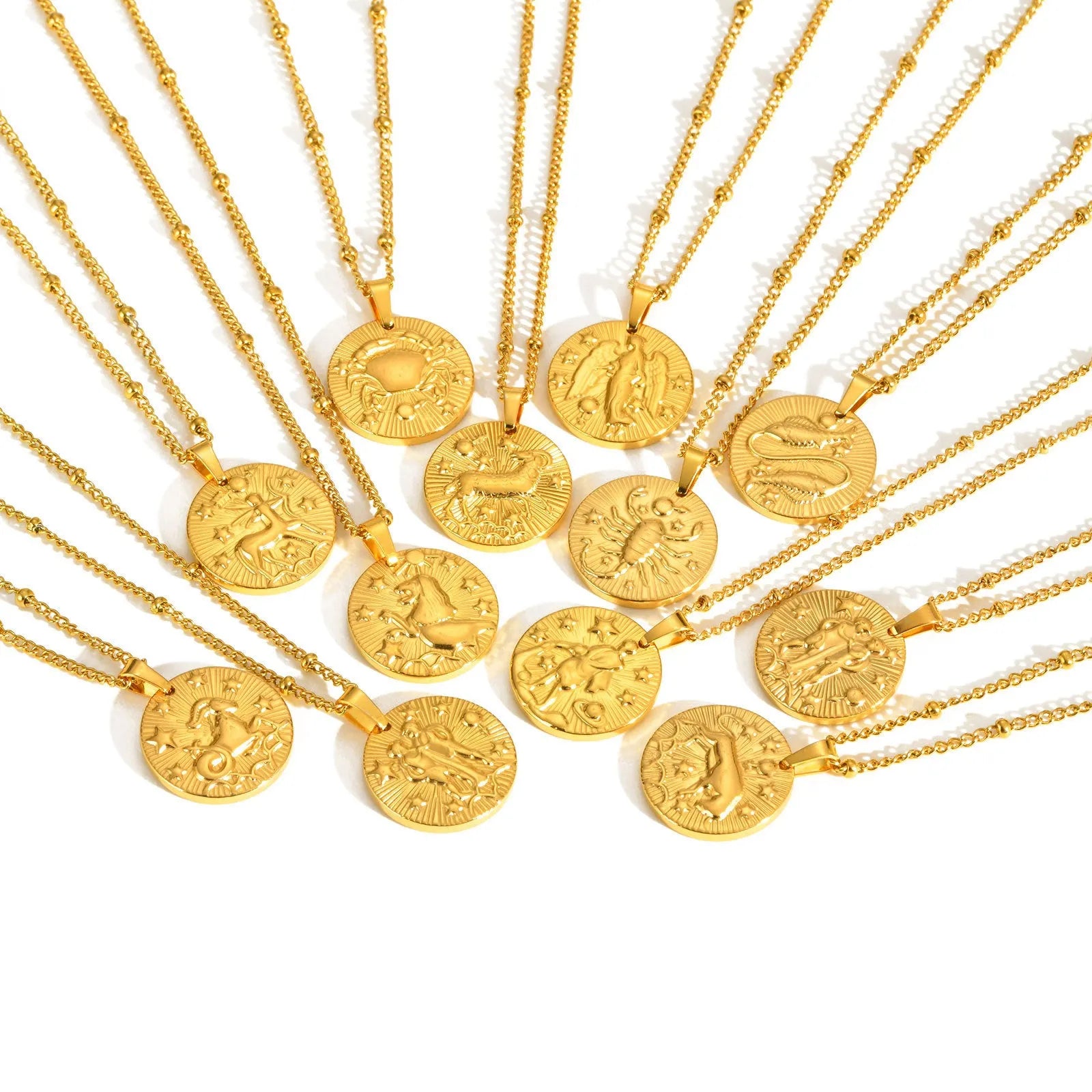 Stainless steel zodiac necklace with cross chain design and embossed constellation pendant
