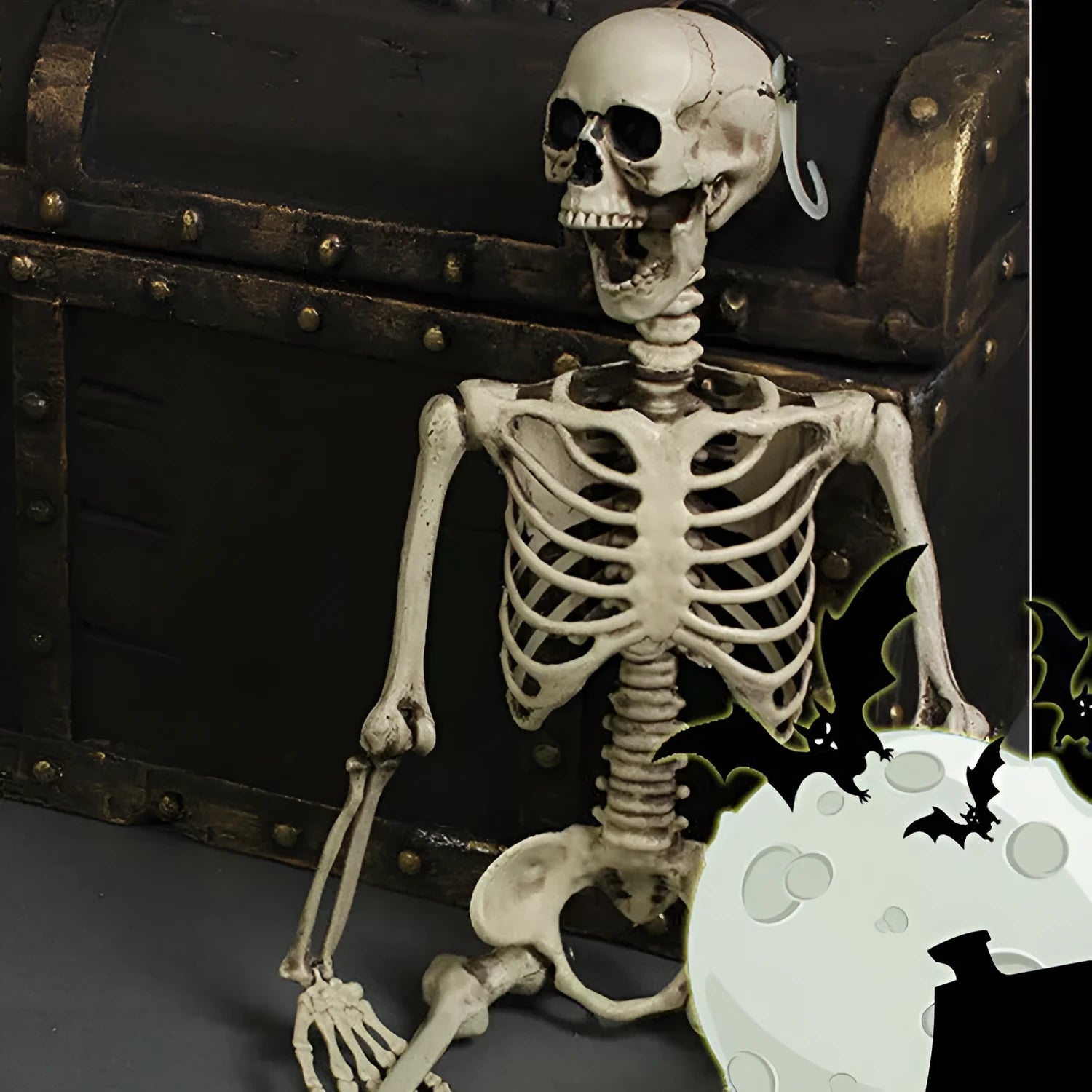 Full-sized 170 cm tall plastic skeleton prop with detailed skull on a stand.