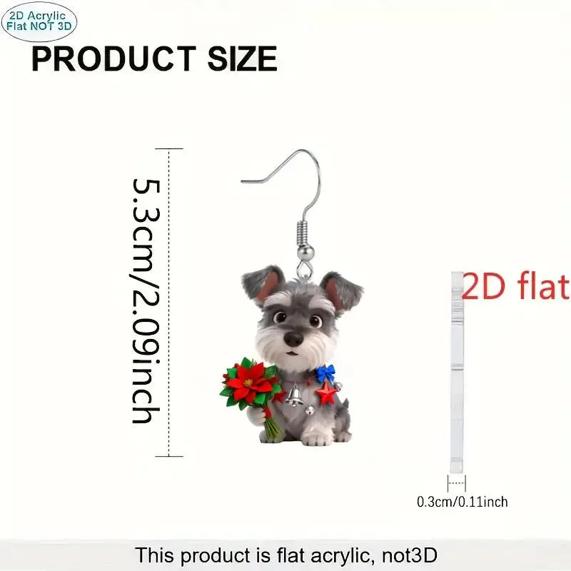 Flat cartoon Schnauzer dog earrings in acrylic, unisex Christmas style animal jewellery, one pair