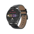 Black smart watch with metal band and 1.3-inch screen showing call interface.