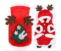Red flannel Santa dog costume for small dogs, with size options from XS to 2XL. Folded product shown on white background.