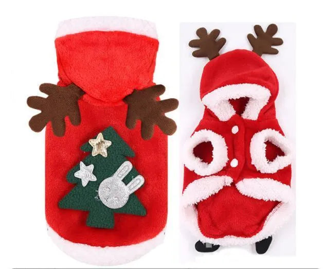 Red flannel Santa dog costume for small dogs, with size options from XS to 2XL. Folded product shown on white background.
