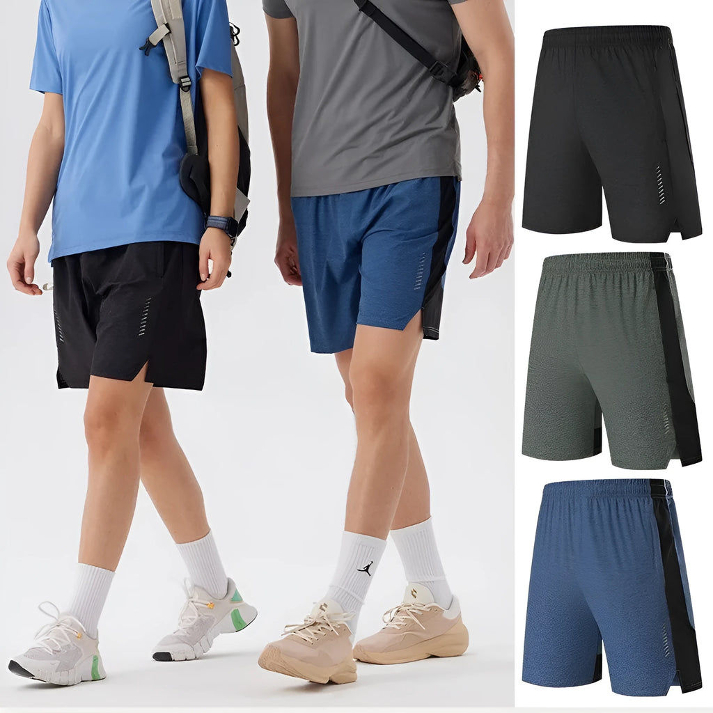 Man wearing mid-waist forest green spandex shorts, showcasing the casual fit and short length.