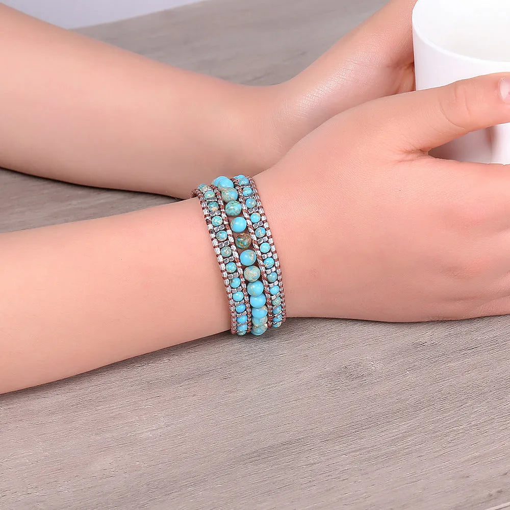 Handmade turquoise bracelet with geometric starry sky design in green