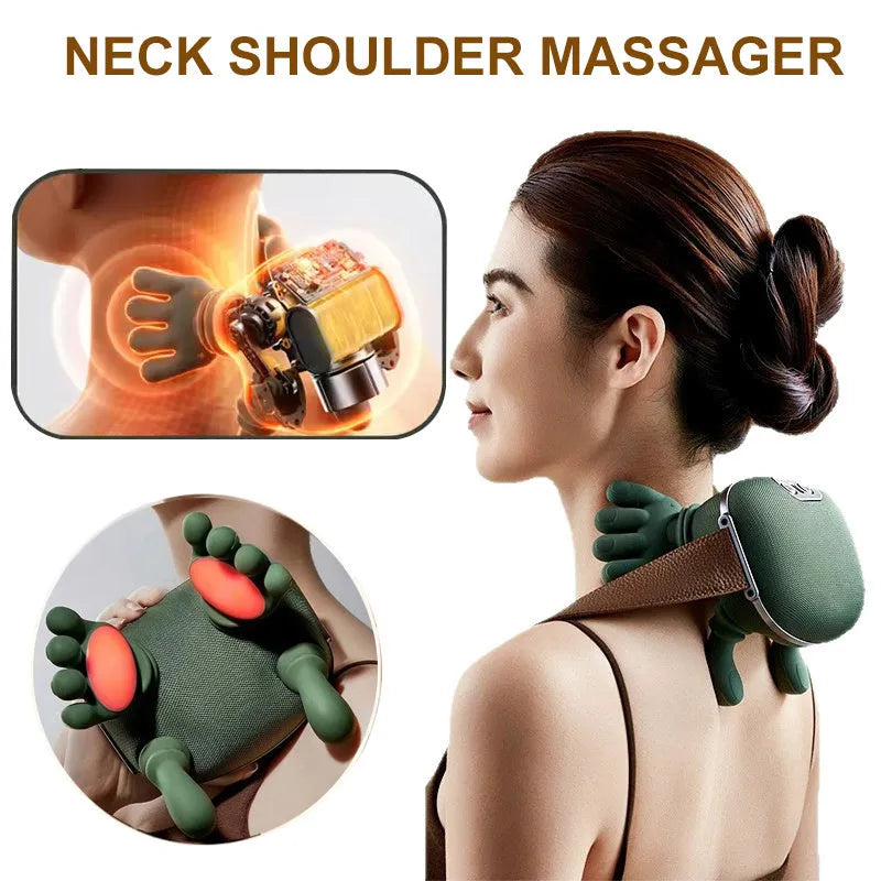 Cordless electric neck and shoulder massager in N7 moss green, with 4D kneading and heat