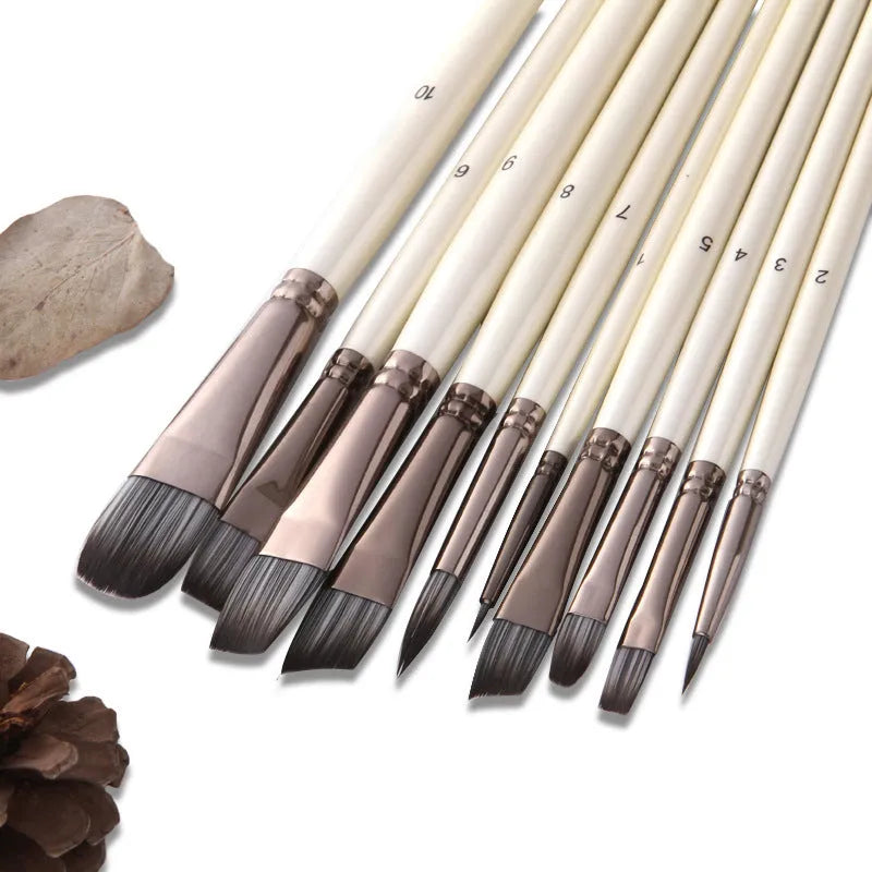 10 pearl white nylon oil painting brushes with wooden handles in PVC bag