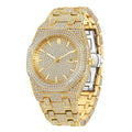 Men's hip hop full diamond Arabic scale quartz watch with 12mm thickness, stainless steel butterfly buckle and gold plated strap