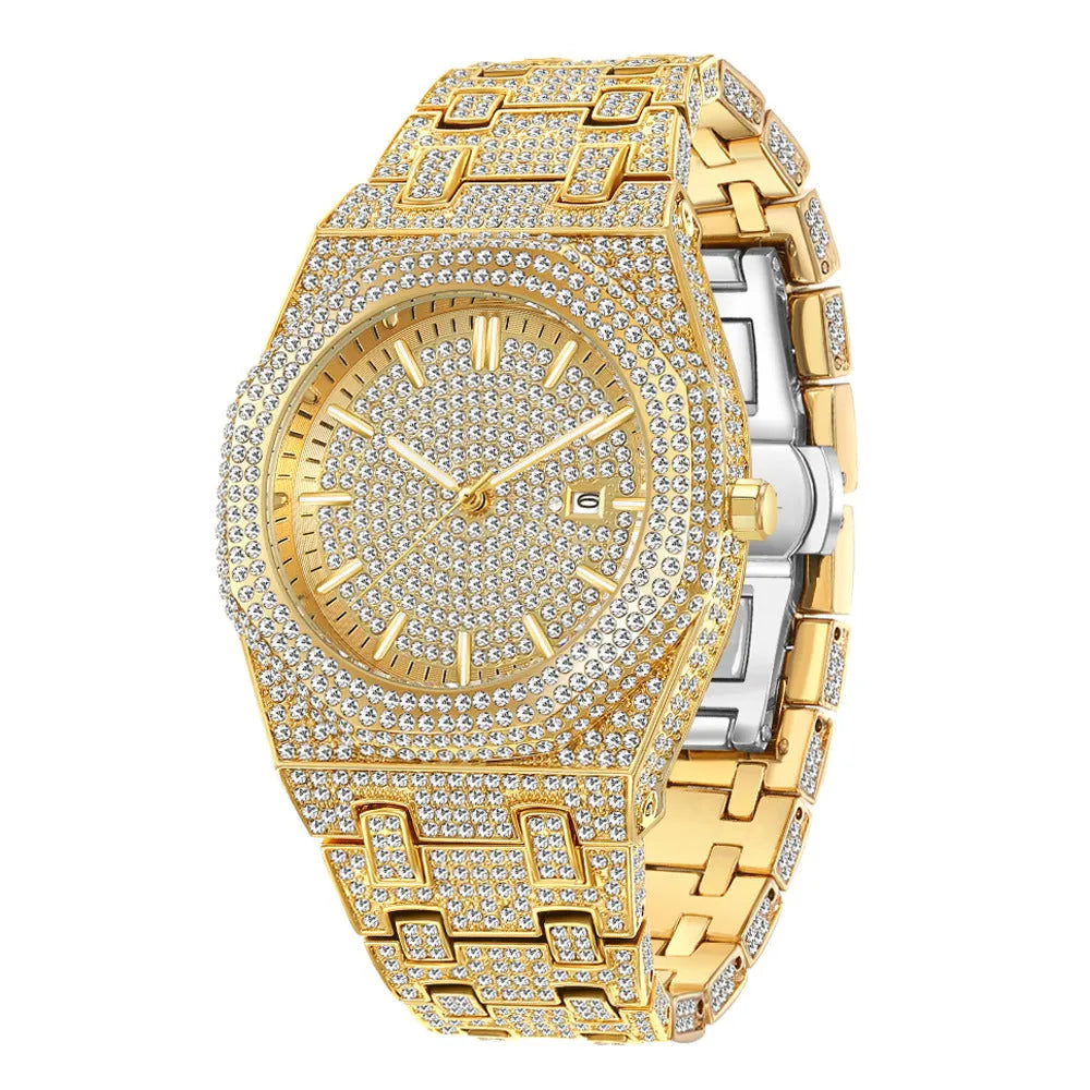 Men's hip hop full diamond Arabic scale quartz watch with 12mm thickness, stainless steel butterfly buckle and gold plated strap