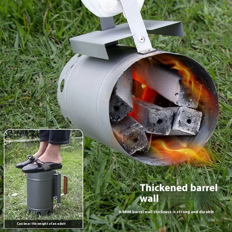 Zinc-iron alloy charcoal fire starter with point carbon barrel nozzle on a patio table