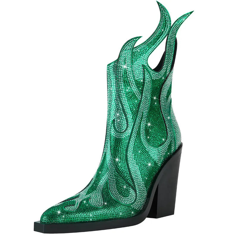 Women's black square toe chunky heel Martin boots with rhinestone flame decoration and side zip.