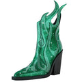 Women's black square toe chunky heel Martin boots with rhinestone flame decoration and side zip.