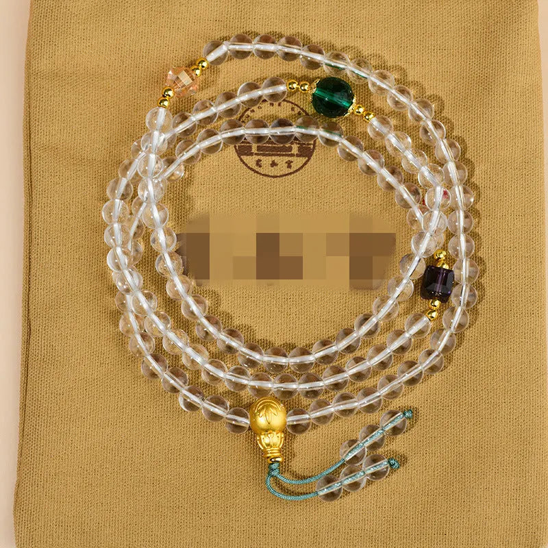 White crystal 108 bead rosary bracelet with geometric mala beads in ethnic unisex style