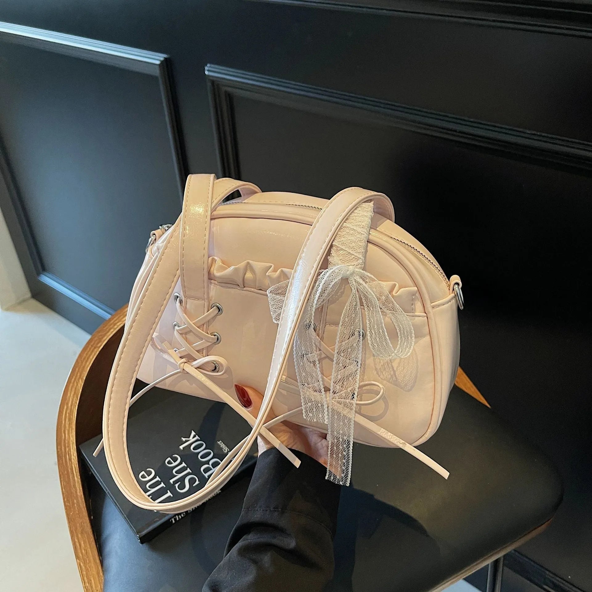 Women's PU leather shoulder handbag with removable bandage bow and phone compartment in milky white