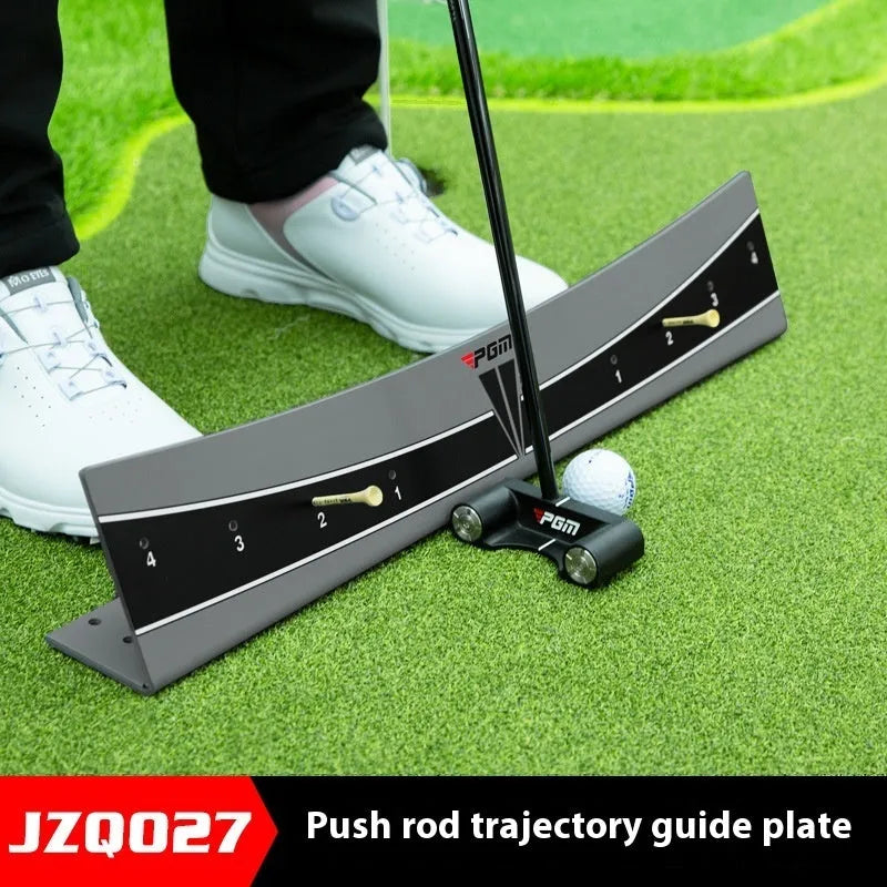 Adjustable golf putter trajectory balance simulator with push rod on a green carpet