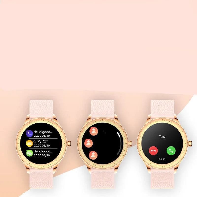 Women's round dial smart watch with 1.09 inch touchscreen, metal body, and silicone strap in multiple colours