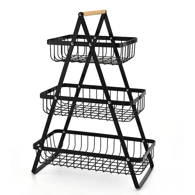 Black iron double-layer fruit basket with wooden handle, shown detached into two separate baskets