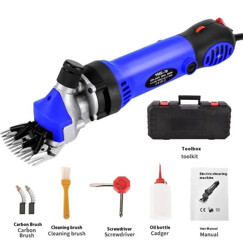 Yellow electric wool shearing handpiece with 110V plug, multiple steel blades, and maintenance tools in a plastic box.