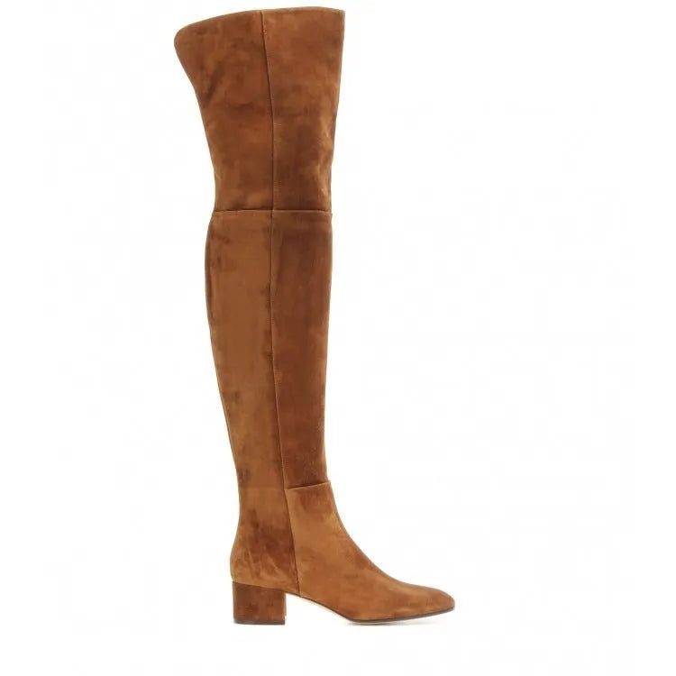 Grey suede women's over-the-knee flat boots with pointed toe and low thick heel