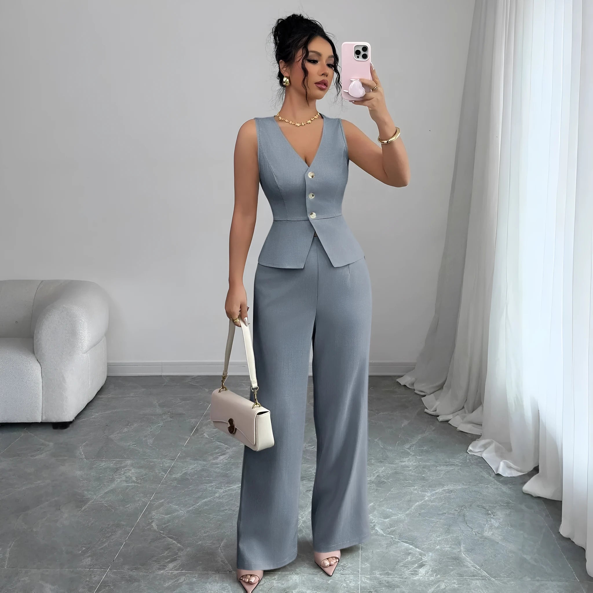 Solid colour sleeveless vest and high-waist trousers two-piece set in polyester fabric